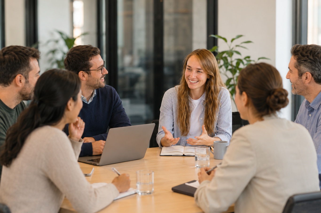 Fünf Personen geben sich gegenseitig High-Fives in einem modernen Büro.