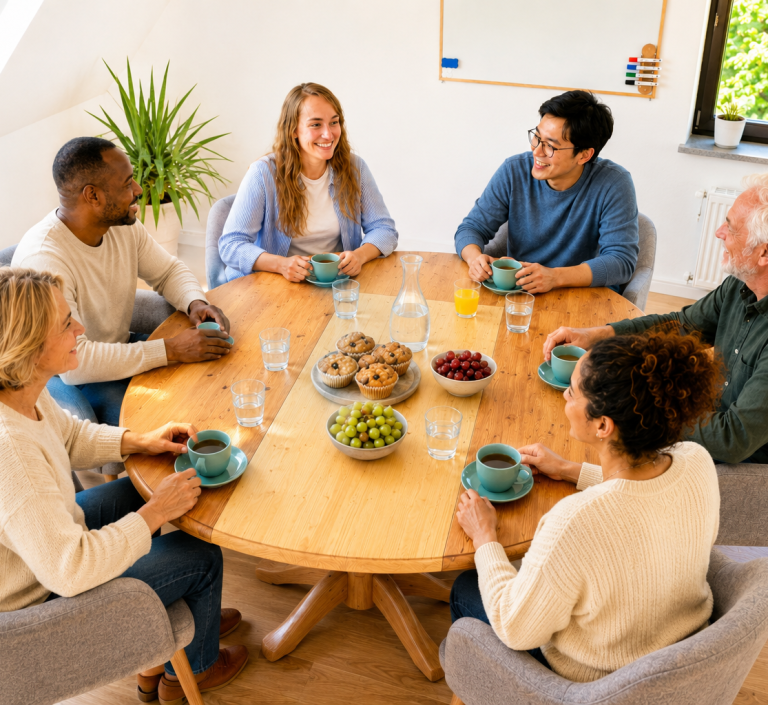 Teilnehmende sprechen beim English Café in Heidelberg gemeinsam Englisch